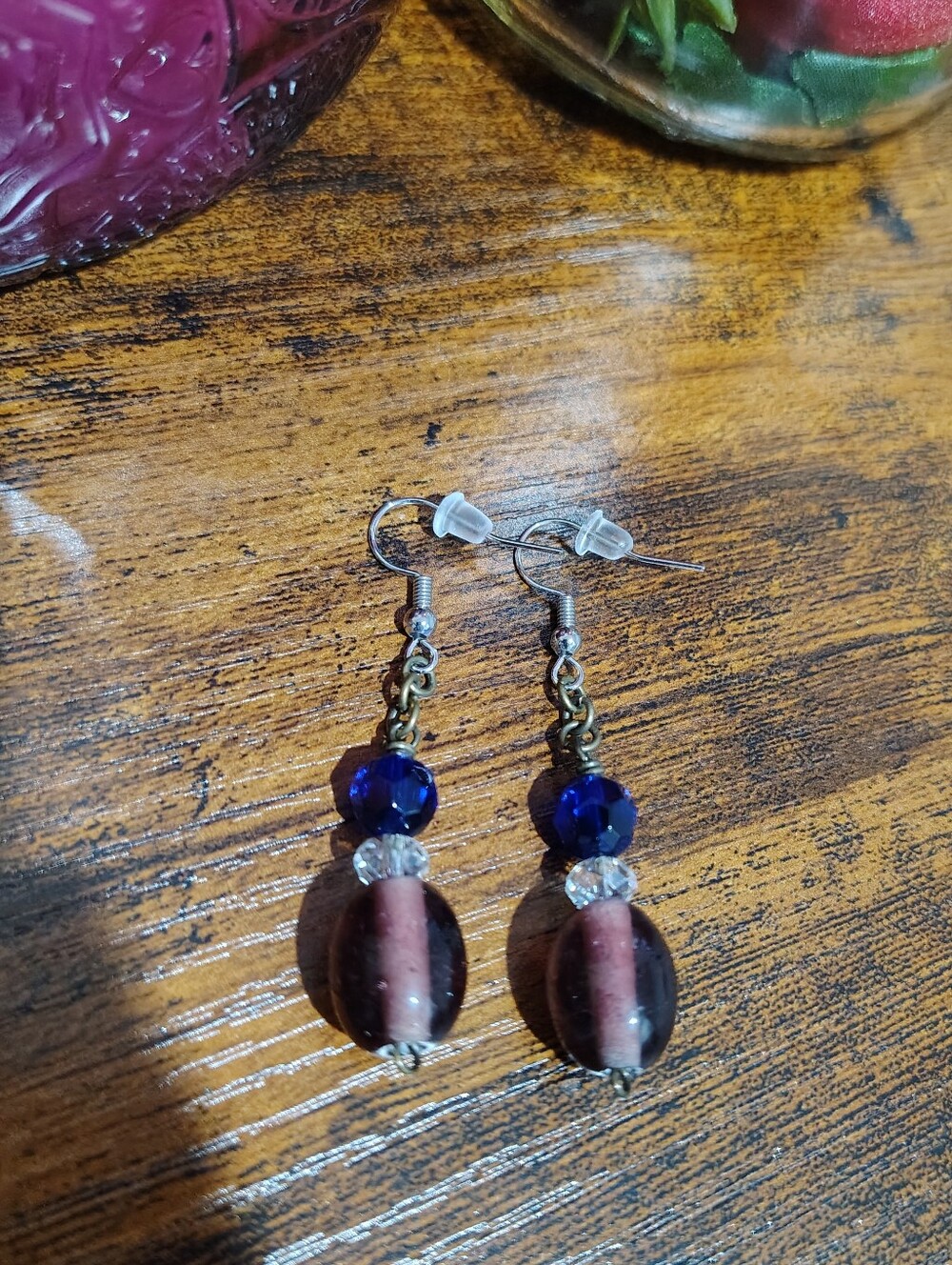 Handmade Purple & Blue Bead Drop Earrings,  Handmade Ladies Dangle Earrings